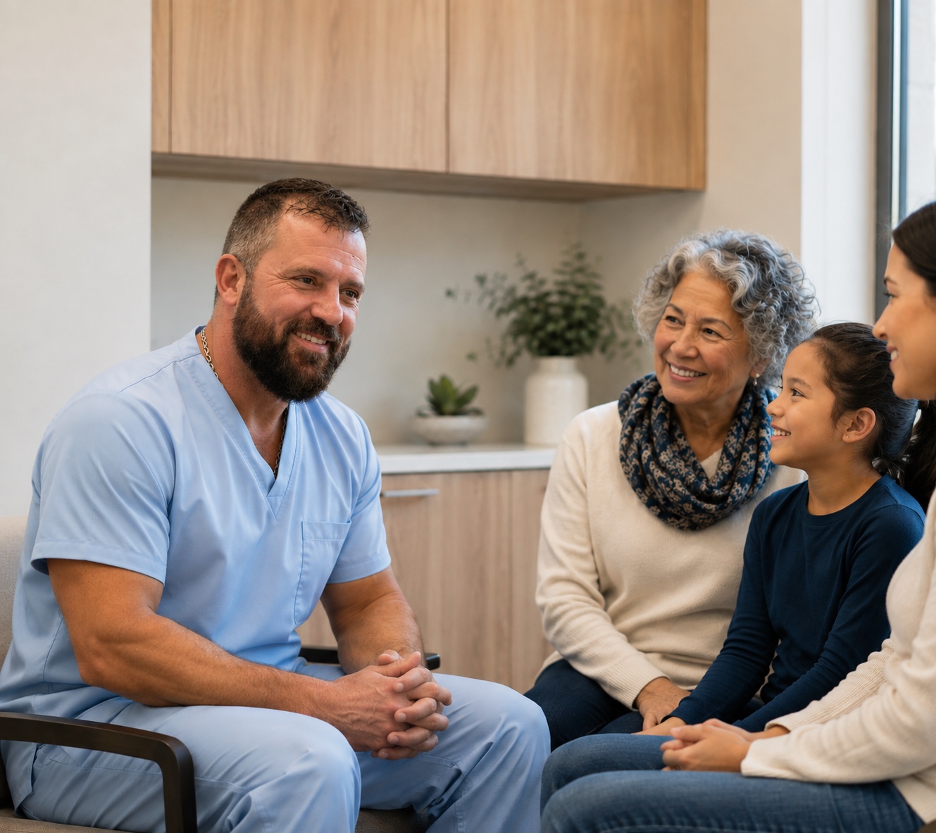 Dr. Larry “Donny” Coker visiting with a multigenerational family in a welcoming care setting
